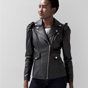 100% Lambskin leather Moto jacket with ruffle details at shoulders. Worn once.